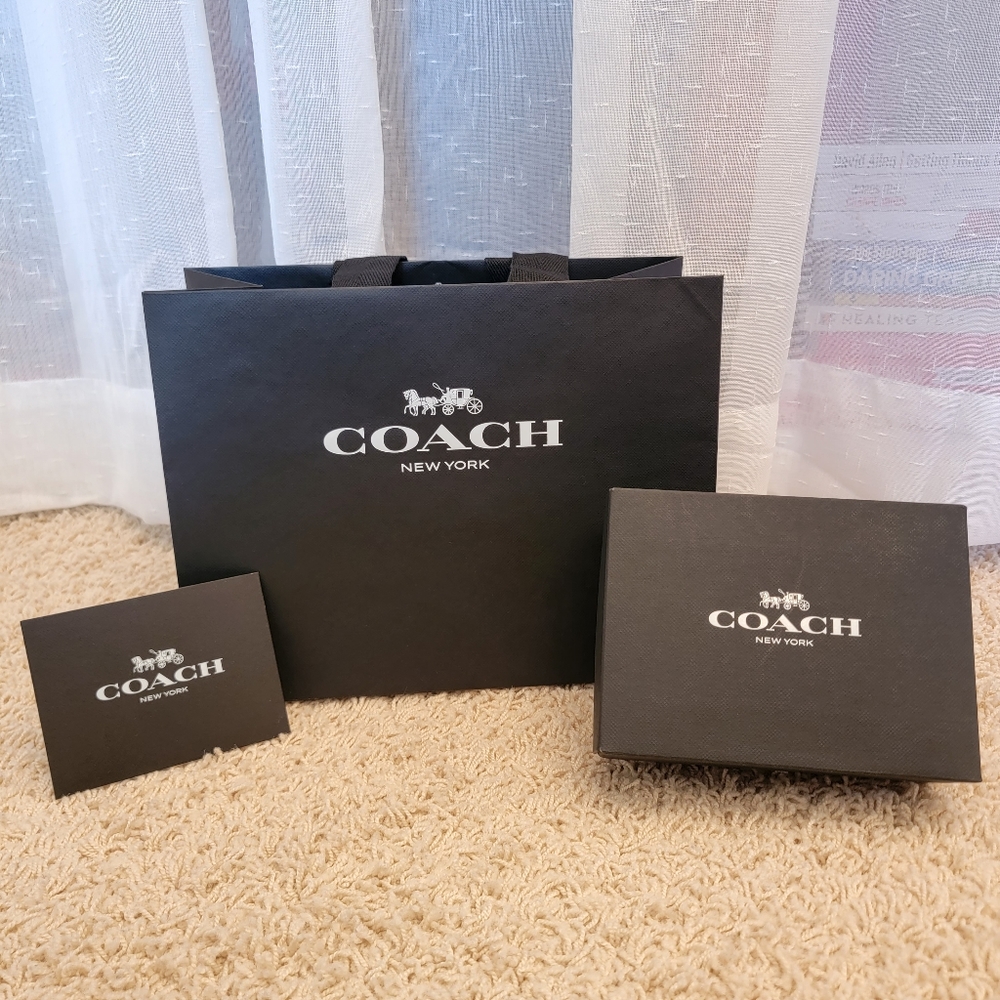 Coach Shopping Bag, Box, And Card Slip Set Black New Gem
